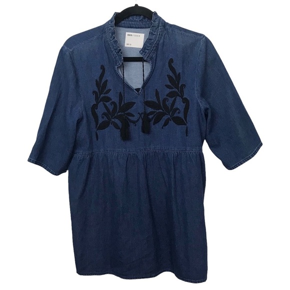 Asos Denim Blue Smock Top With Floral Embroidery Size 8 - Picture 1 of 12